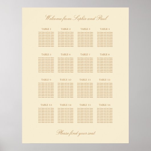 Cream Beige 16 Table 結婚's Seat Chartポスター ポスター (正面)