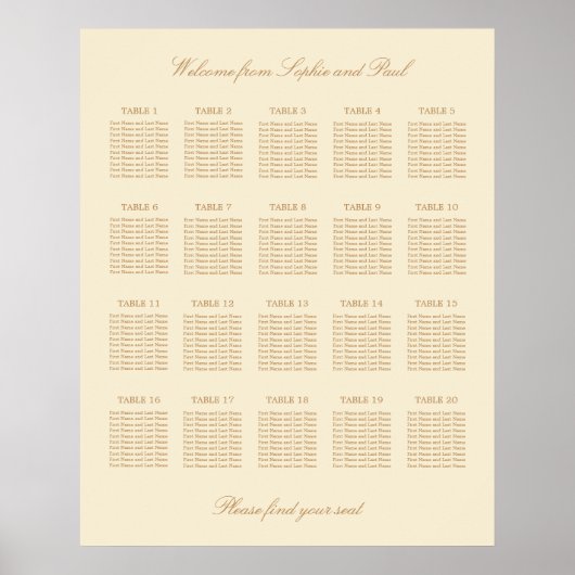 Cream Beige 20 Table 結婚's Seat Chartポスター ポスター (正面)