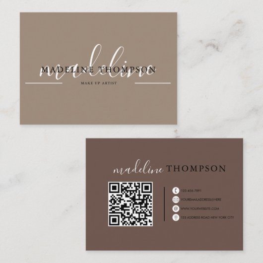 Cream Beige and Brown Calligraphy Script QR code 名刺 (正面/裏面)