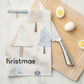 Cream Beige Blue Christmas Trees キッチンタオル (四つ折り)