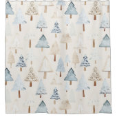 Cream Beige Blue Christmas Trees シャワーカーテン (正面)