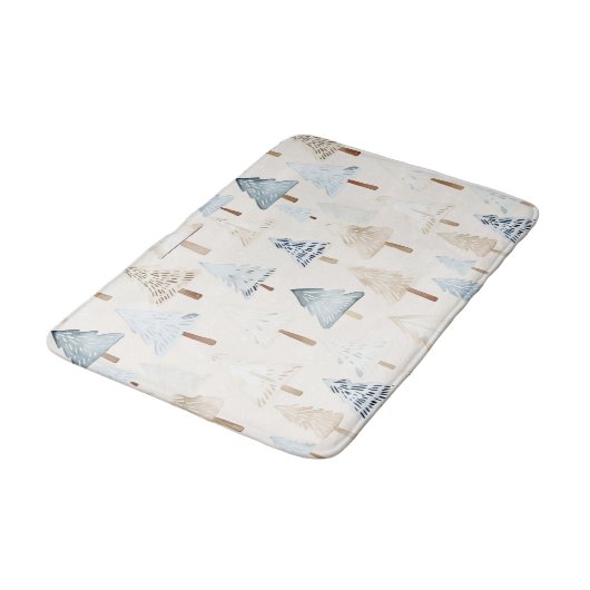 Cream Beige Blue Christmas Trees バスマット (アングル)