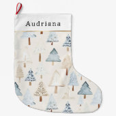 Cream Beige Blue Christmas Trees ラージクリスマスストッキング (正面)