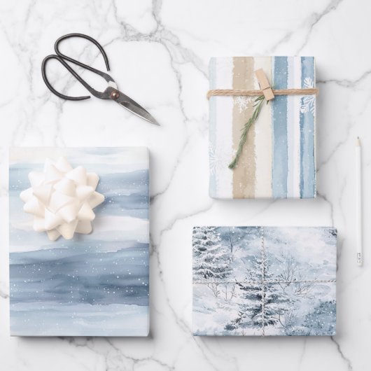 Cream Beige Blue Christmas Trees Winter ラッピングペーパーシート (正面)