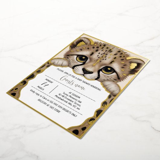 Cream Beige Cub Baby Shower 箔招待状 (回転した状態)