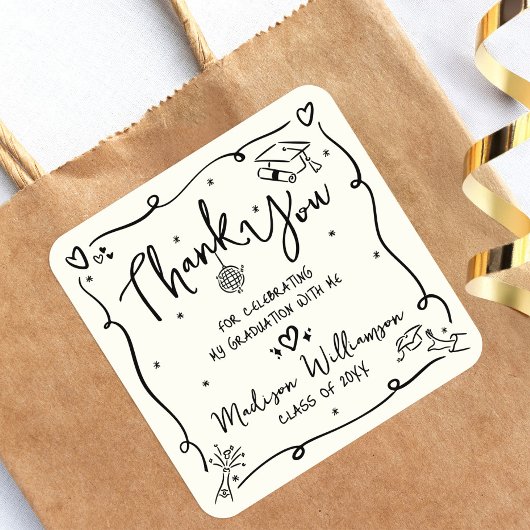 Cream Black Hand Drawn Doodle Graduation Thank You スクエアシール