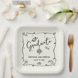 Cream Black Hand Drawn Doodles Graduation Quirky ペーパープレート