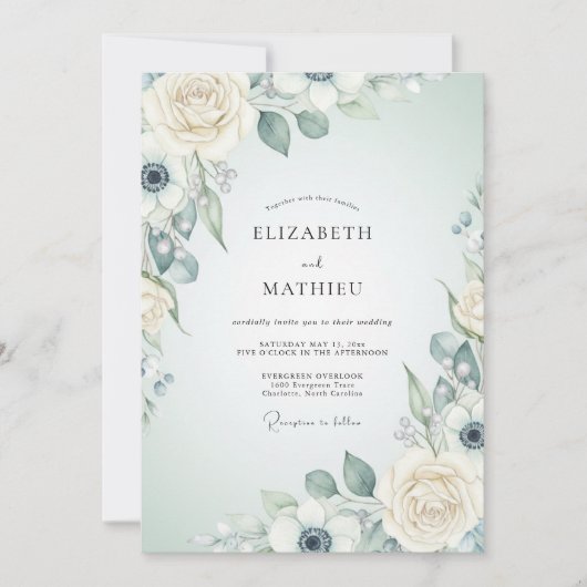 Cream Blue Botanical Romance Wedding 招待状 (正面)