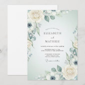 Cream Blue Botanical Romance Wedding 招待状 (正面/裏面)