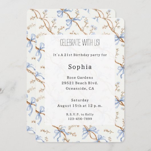 Cream Blue Bows 招待状 (正面/裏面)