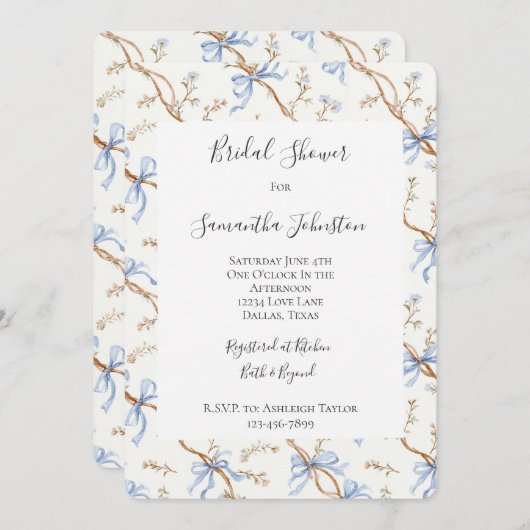 Cream Blue Bows 招待状 (正面/裏面)