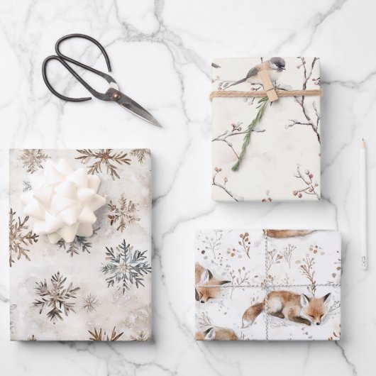 Cream Blue Brown Snowflakes Birds Fox Christmas ラッピングペーパーシート (正面)