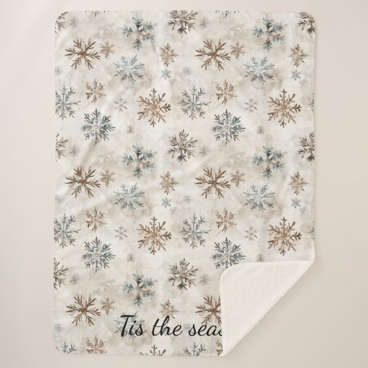 Cream Blue Brown Snowflakes Christmas シェルパブランケット (正面)