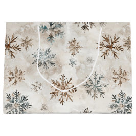 Cream Blue Brown Snowflakes Christmas ラージペーパーバッグ