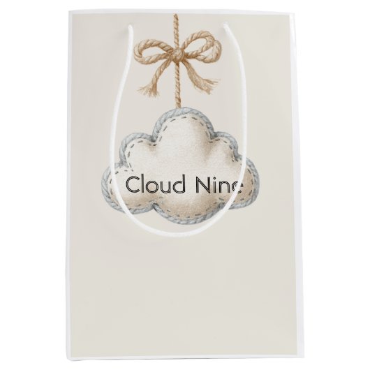 Cream Blue Cloud Nine Baby Shower ミディアムペーパーバッグ (正面)