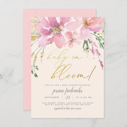 Cream Blush Gold Baby in Bloom Floral Baby Shower 招待状 (正面/裏面)