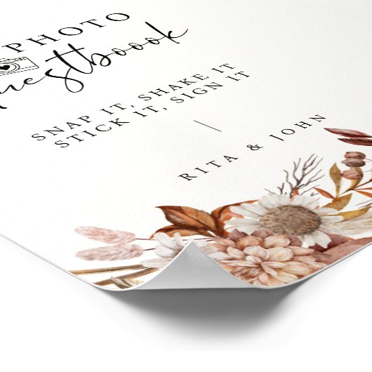 Cream Bohoフローラ結婚のフォトゲストブックサイン ポスター (角)