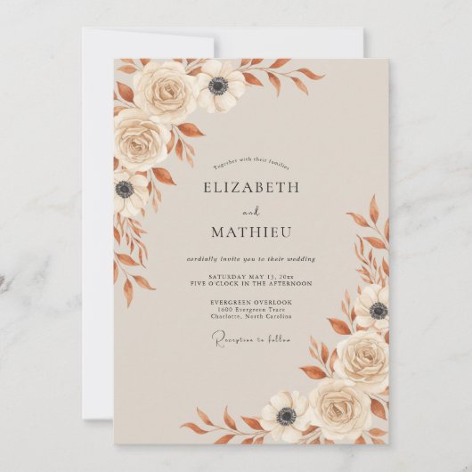 Cream Botanical Autumn Wedding 招待状 (正面)