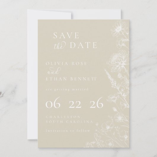 Cream Botanical Minimal Wedding Save the Date (正面)