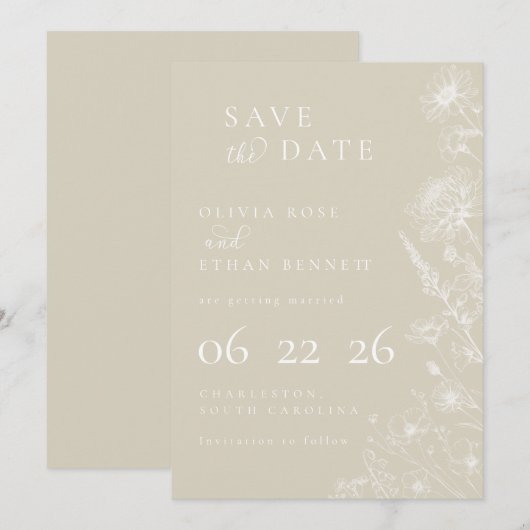 Cream Botanical Minimal Wedding Save the Date (正面/裏面)