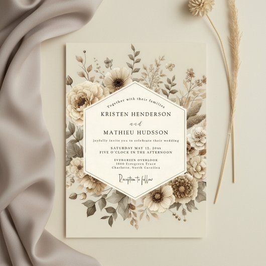 Cream Botanical Woodland Wedding 招待状