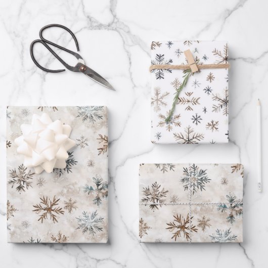 Cream Bronze Blue Snowflakes Christmas ラッピングペーパーシート (正面)