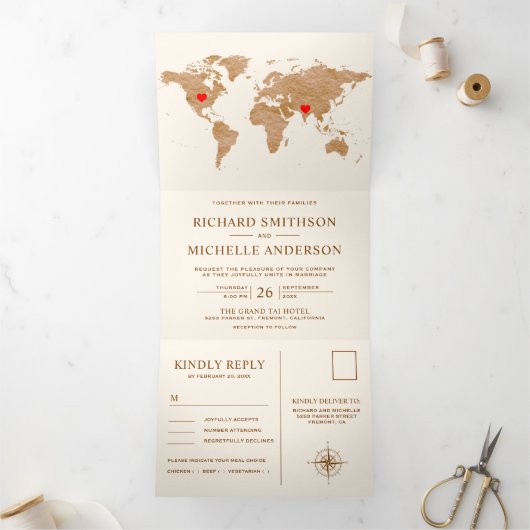 Cream Bronze World Map All in One Wedding 三つ折り招待状 (内部)