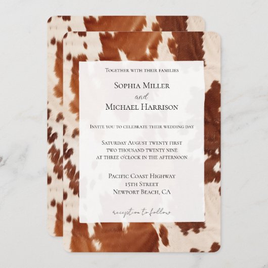 Cream Brown Cowhide Western Wedding 招待状 (正面/裏面)