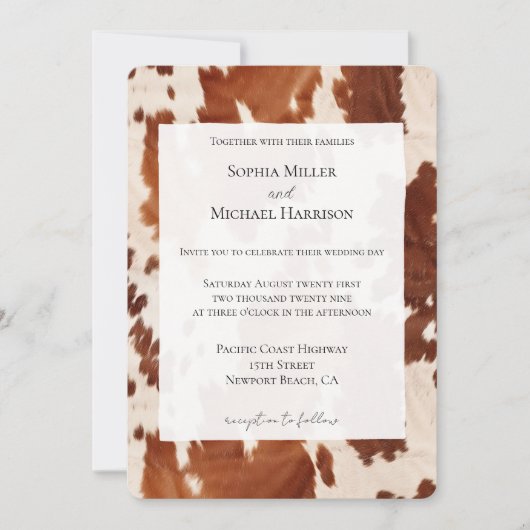 Cream Brown Cowhide Western Wedding 招待状 (正面)