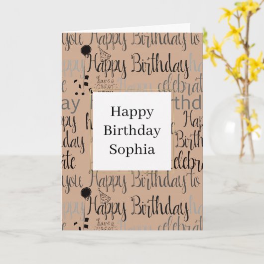 Cream Brown Happy Birthday カード (黄色い花)