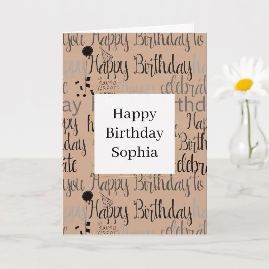 Cream Brown Happy Birthday カード (小さな植物)