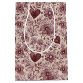 Cream Burgundy Red Hearts Flowers Bridal Shower ミディアムペーパーバッグ (正面)