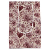 Cream Burgundy Red Hearts Flowers Bridal Shower ミディアムペーパーバッグ (裏面)
