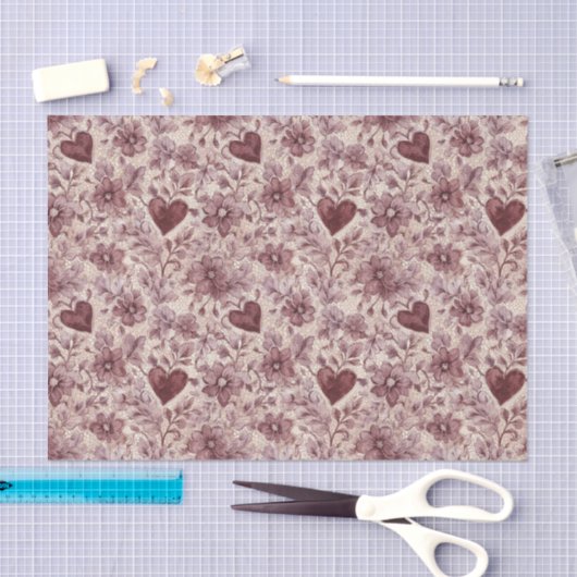 Cream Burgundy Red Hearts Flowers Bridal Shower 薄葉紙 (クラフト)