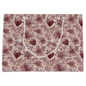 Cream Burgundy Red Hearts Flowers Faux Lace Bridal ラージペーパーバッグ (正面)