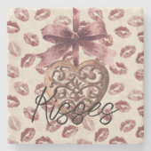 Cream Burgundy Red Lips Kisses Heart ストーンコースター (正面)