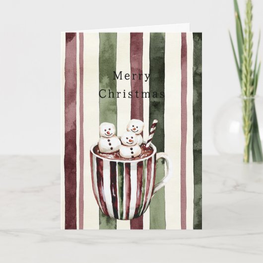 Cream Burgundy Red Stripes Christmas Snowmen Cup カード (正面)