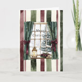 Cream Burgundy Red Stripes Window Tree Christmas カード (正面)