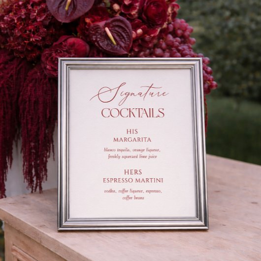 Cream & Burgundy Wedding Signature Cocktails ポスター