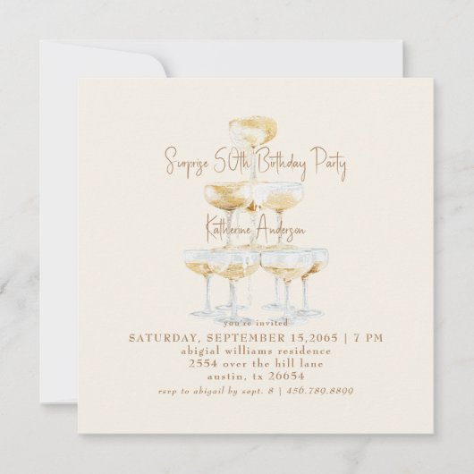 Cream Champagne Square Surprise 50th Birthday 招待状 (正面)