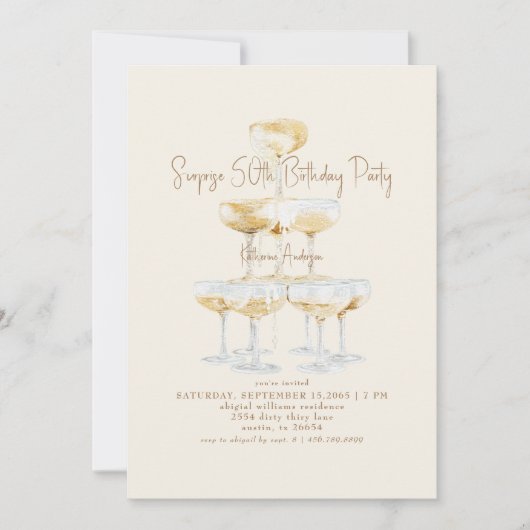 Cream Champagne Tower Surprise 50th Birthday Party 招待状 (正面)