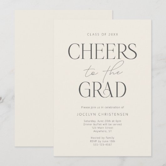 Cream Charcoal Gray Modern Cheers Grad Party 招待状 (正面/裏面)