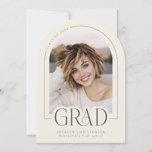 Cream Charcoal Modern Grad Photo Announcement 招待状 (正面)