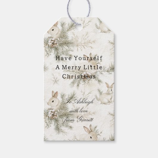 Cream Christmas Bunny Rabbits ギフトタグ (正面)