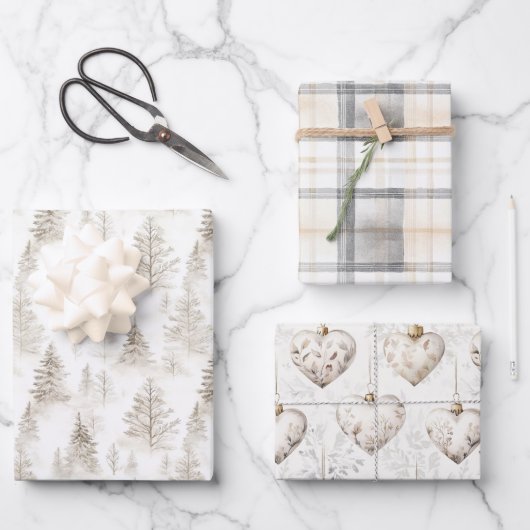 Cream Christmas Trees Hearts Plaid Stripes ラッピングペーパーシート (正面)