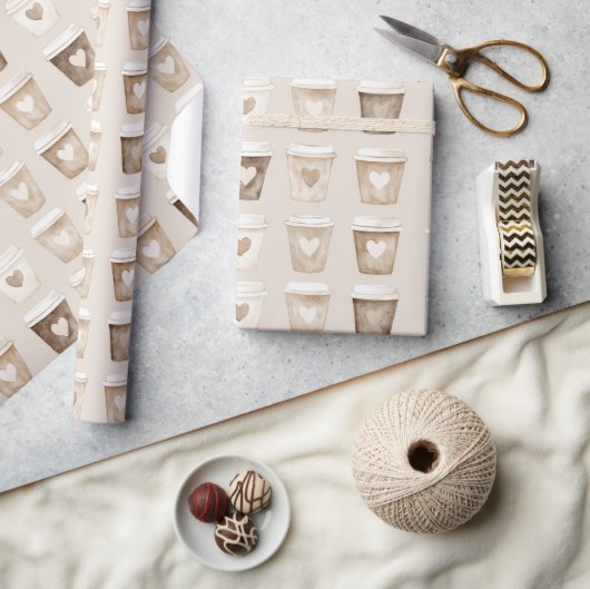 Cream Coffee Heart Cups ラッピングペーパー (クラフト)