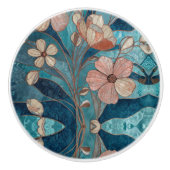 Cream Copper Blue Teal Floral セラミックノブ (正面)