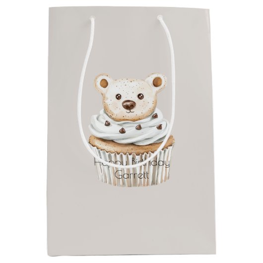 Cream Cupcake Bears Birthday ミディアムペーパーバッグ (正面)