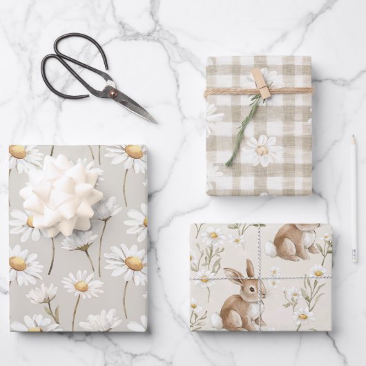 Cream Daisy Floral Bunny Rabbit Birthday ラッピングペーパーシート (正面)