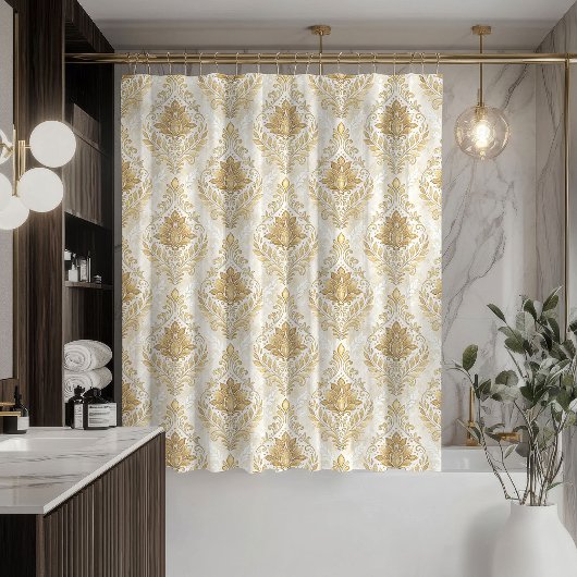 Cream Damask Shower Curtain Vintage-Inspired Touch シャワーカーテン